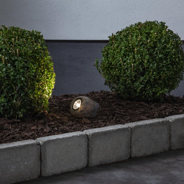 Gartenansicht mit Steinleuchte und zwei Buchsbäumen