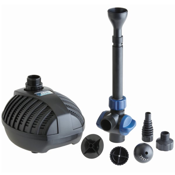 Oase Teichpumpen Set mit Teleskop-Düsenverlängerung, verschiedenen Düsenaufsätzen und Anschlussstücken.