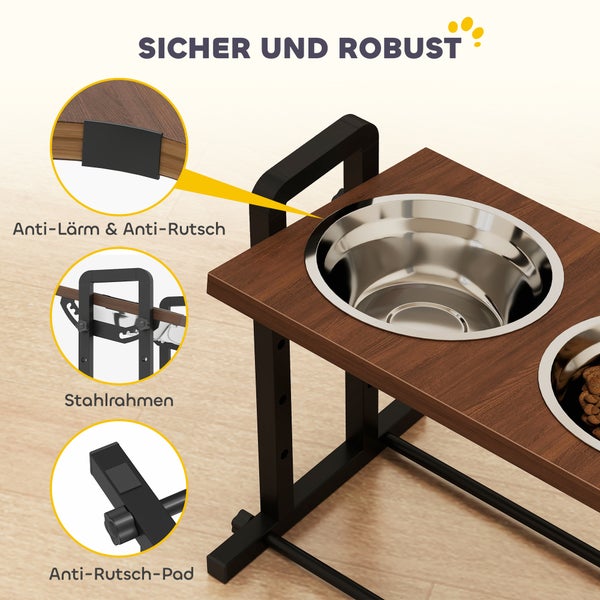Höhenverstellbare Hundebar mit Stahlrahmen, Holzoberfläche, Anti-Rutsch-Pads und geräuschmindernden Gummipuffern für die Futternäpfe.
