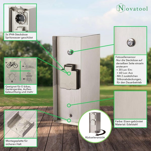 Novatool Gartensteckdose aus Edelstahl mit 3 spritzwassergeschützten Steckdosen, Dämmerungssensor und Montageplatte für Außenbereiche.