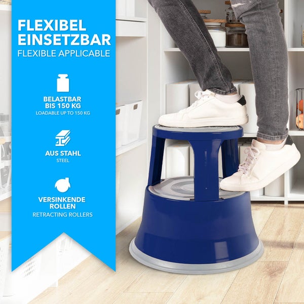 FLOORDIREKT Rollhocker - Elefantenfuß - aus Stahl - Mobiler Tritthocker - Sitzmöglichkeit für Büro und Gewerbe - Blau