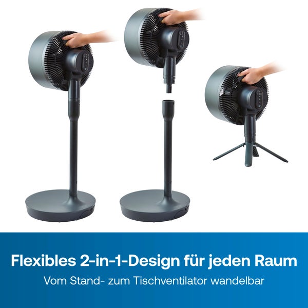 Dunkelgrauer Ventilator mit zwei in eins Design, umwandelbar von einem Standventilator zu einem Tischventilator.