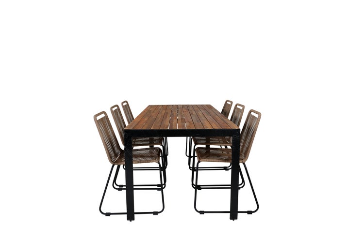 Bois Gartenset Tisch 90x205cm und 6 Stühle stabelL Lindos schwarz, natur. 90 X 205 X 76 cm