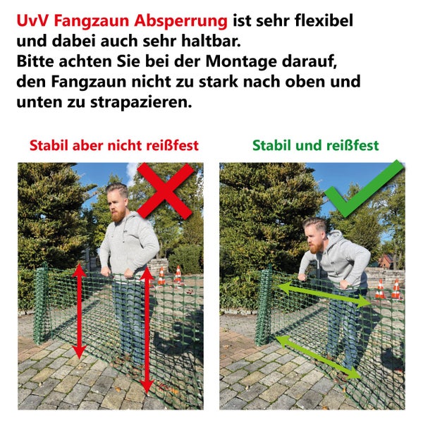 UvV Warnnetz grün Absperrzaun, Fangzaun 50 x 1m 4 kg + Absperrleinenhalter / 50m Zaun + 10 Halter grün