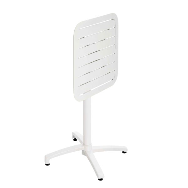 Weißer Bistrotisch aus Metall mit klappbarer quadratischer Tischplatte und vierbeinigem Untergestell.