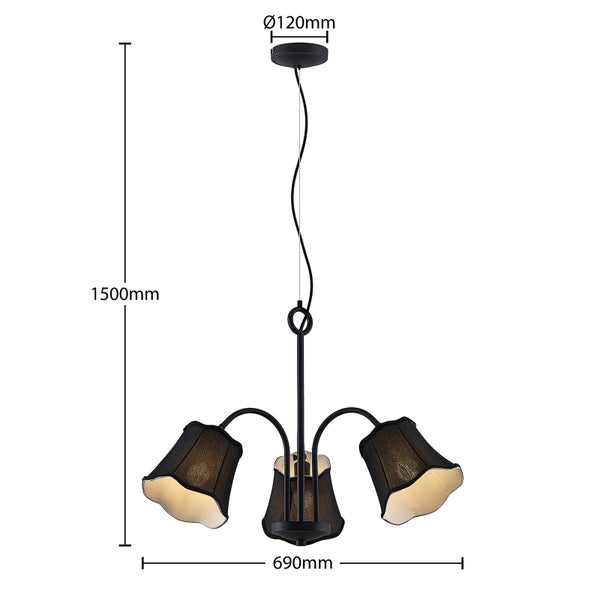 Lucande Pendelleuchte Binta (Retro, Vintage Antik) in Schwarz aus Textil (3 flammig E14) - Hängeleuchte Esstischlampe Hängelampe Wohnzimmerleuchte