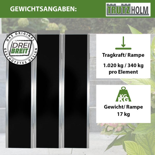 Trutzholm Logo, Auffahrrampe mit 1020 Kilogramm Tragkraft, 340 Kilogramm pro Element und 17 Kilogramm Eigengewicht.