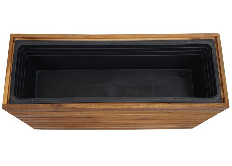 Rechteckiger Blumenkasten aus Holz mit schwarzem Kunststoffeinsatz, Ansicht von oben.