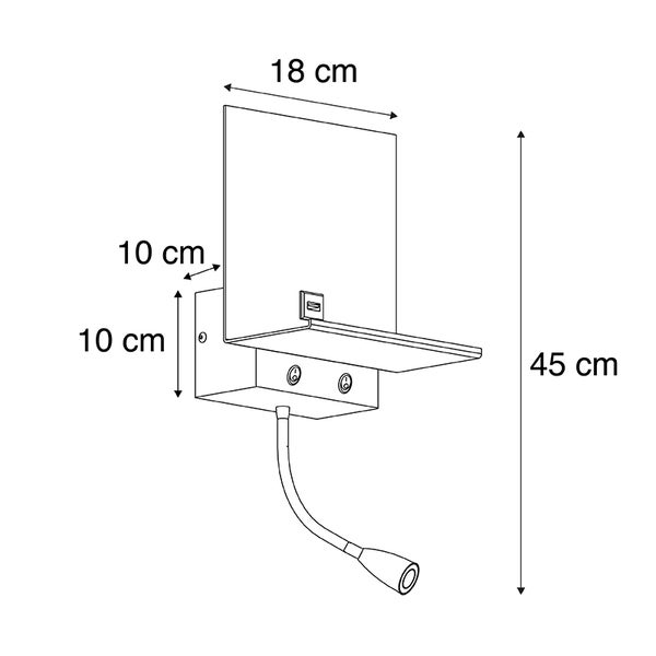 Zeichnung einer 45 cm hohen Wandleuchte mit Ablage und 18 cm Breite