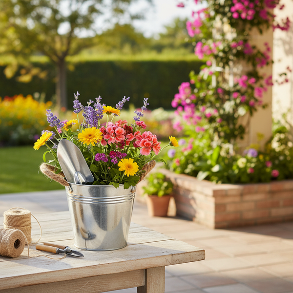 Heller Garten mit einem verzinkten Metalleimer voller bunter Blumen, einer Pflanzkelle, Bindegarn und Gartenschere auf einem rustikalen Holztisch.