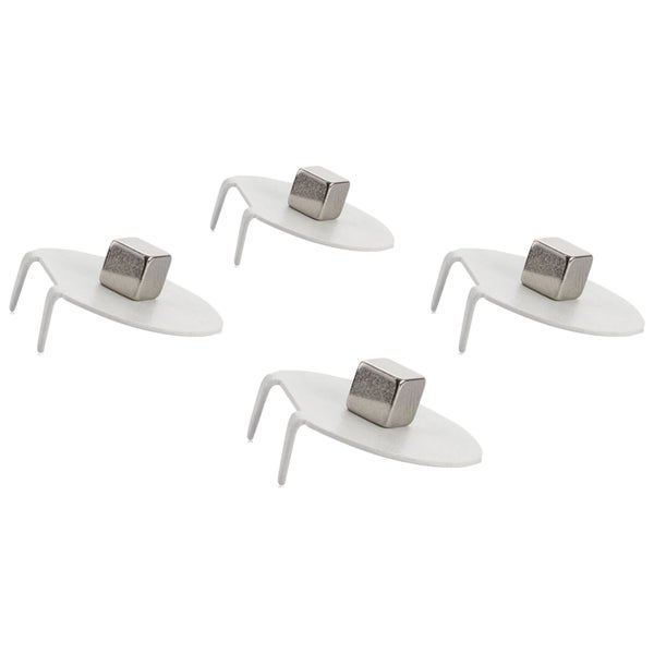 Vier Heizkörper-Verkleidungsmagnete mit weißen Metallplatten und silbernen Würfelmagneten zur Befestigung von Heizkörperverkleidungen.