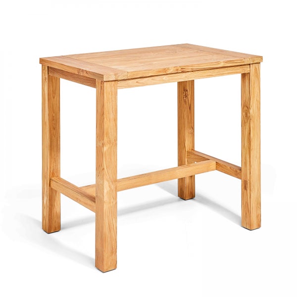 Rechteckiger Bartisch aus Holz mit Fußstütze für den Garten oder Innenbereich.