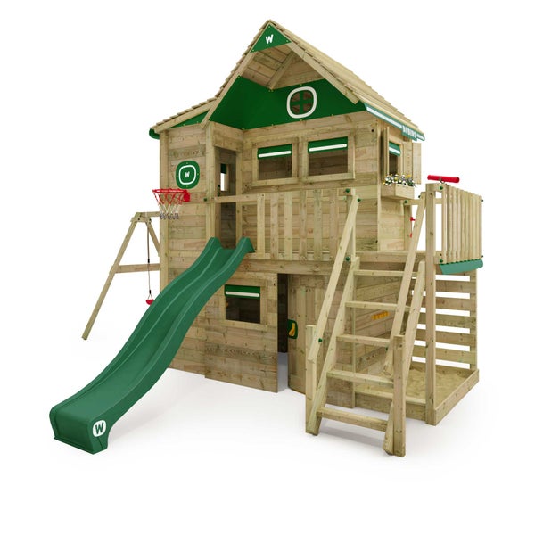 WICKEY Stelzenhaus Smart ArtHouse mit Schaukel und Rutsche,integriertem Sandkasten und großem Spielhaus mit massiver Treppe mit Handlauf, Fenstern, Rollos und Blumenkasten -  grün