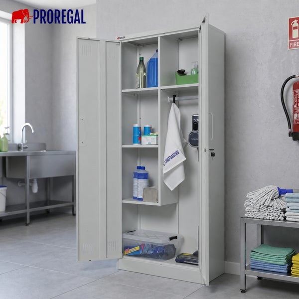 Proregal Putzmittelschrank aus Metall mit Flügeltüren, Einlegeböden und Kleiderstange für Reinigungsmittel und Arbeitsutensilien in einer Küche.