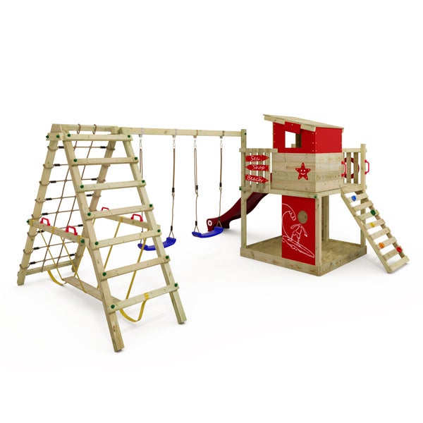 WICKEY Spielturm Klettergerüst Smart Surf mit Schaukel und Rutsche, Kletterturm mit Sandkasten, Leiter und Spiel-Zubehör – rot