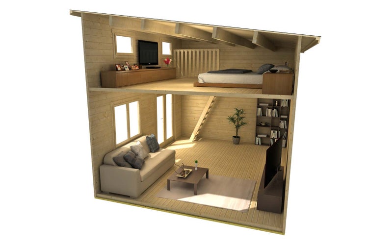 Querschnitt eines zweistöckigen Holzhauses mit Wohnbereich unten und Schlafboden oben, modernes Interieur aus hellem Holz.