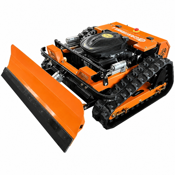 Orangefarbener ferngesteuerter Kettengeräteträger mit schwarzem Schneeschild von Cartnell.