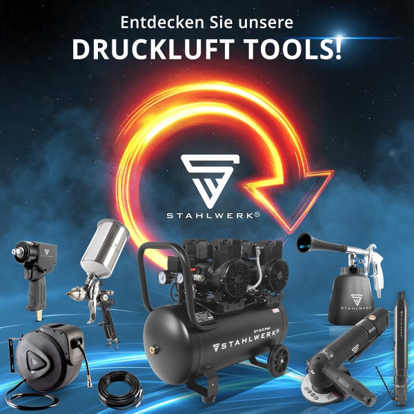 Verschiedene Druckluftwerkzeuge von Stahlwerk, darunter ein Kompressor, eine Spritzpistole und ein Schlagschrauber.