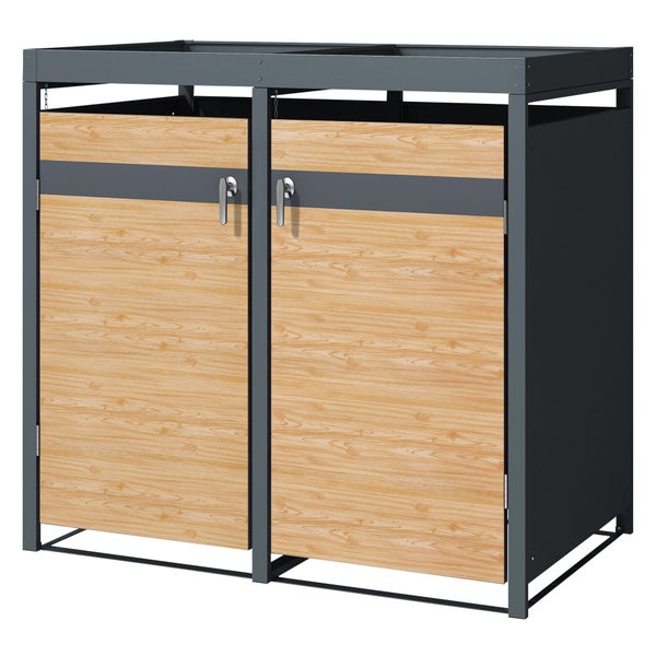ML-Design Mülltonnenbox 2er mit Pflanzdach für 2 Tonnen, 240L 132x80x124 cm Lärchenoptik, Stahl, wetterfest, Abschließbare Mülltonnenverkleidung mit Tür, Müllbox Mülltonnecontainer Mülltonnenabdeckung