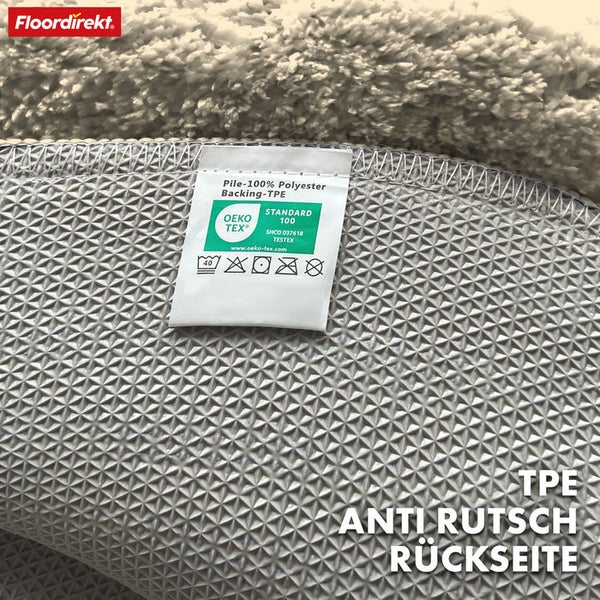 Teppich mit Flor aus 100 Prozent Polyester und TPE-Rückseite mit Antirutschbeschichtung und Öko-Tex Standard 100 Siegel