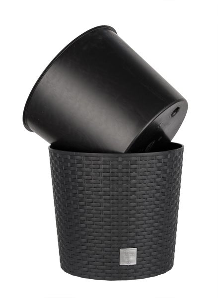 BigDean RUND Blumentopf 25cm - Rattan-Optik - Anthrazit - Pflanzkübel mit Einsatz - Rattan-Blumentopf Pflanztopf rund - In / Outdoor - Höhe 27 cm