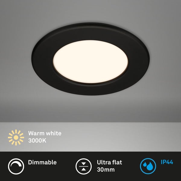 BRILONER FLAT DIM LED Einbaustrahler Bad, IP44 Spritzwasserschutz, Stufenlos Dimmbar, Warmweißes Licht, Flaches Design, schwarz, 11,5 x 3 cm