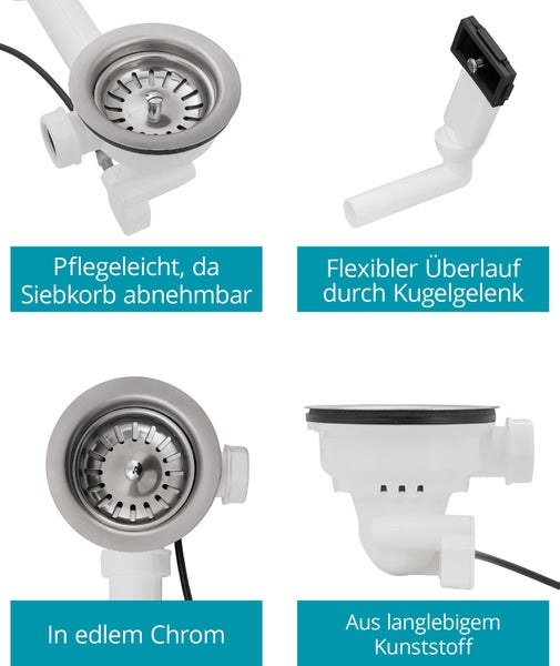 Calmwaters® Siebkorbventil für Küchenspülen | mit Bowdenzug und Überlauf | Gewinde unten in 1 1/2 | Raumsparablaufbogen | Ø 114 mm | Chrom | 31PM3125