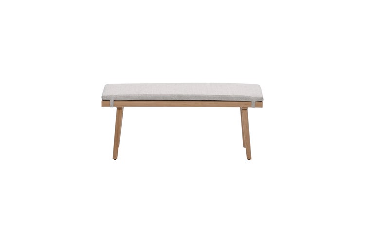 Sitzbank aus hellem Holz mit grauem Polster.