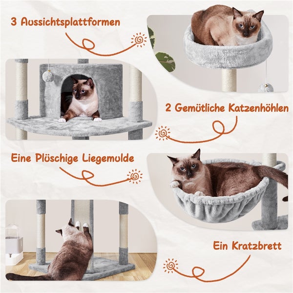 Katzenkratzbaum mit drei Aussichtsplattformen, zwei Katzenhöhlen, einer Liegemulde und einem Kratzbrett