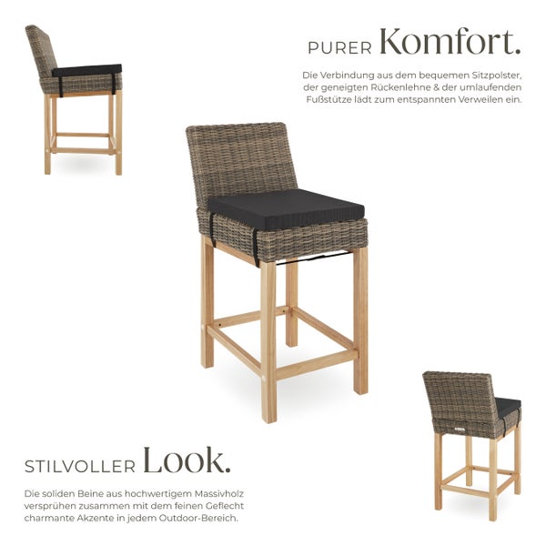 Rattan Barstuhl tectake Latina inklusive Sitzpolster, 45 x 62,5 x 99 cm mit Aluminiumgestell natur