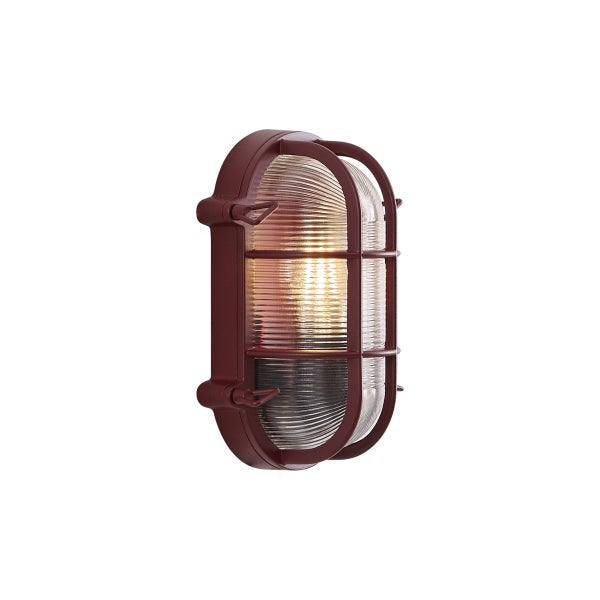 Ovale Außenwandleuchte mit Schutzgitter und geripptem Glasdiffusor für eine gleichmäßige Lichtverteilung