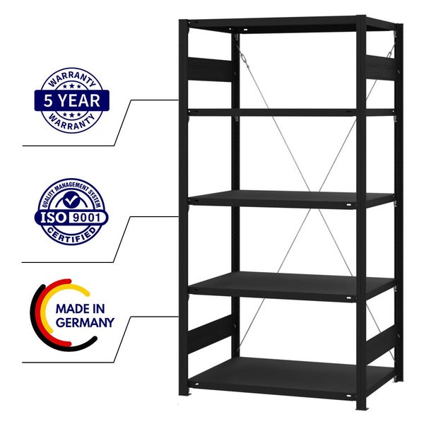 PROREGAL Wohnregal Motemo Made In Germany HxBxT 200x100x60 cm 5 Ebenen Je 150 kg Fachlast Matt & Schwarz