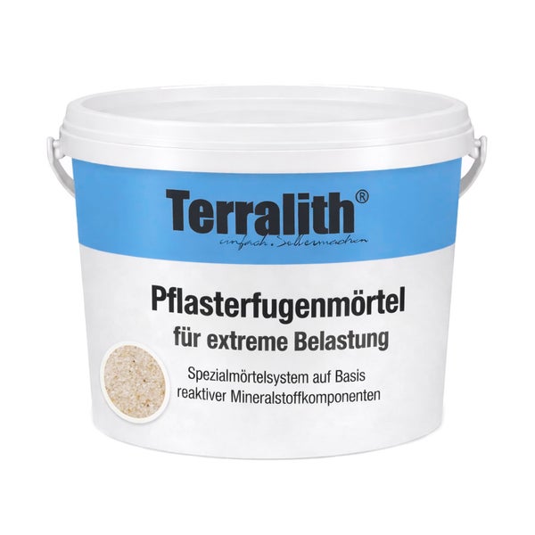 Eimer mit Terralith Pflasterfugenmörtel für extreme Belastung als Spezialmörtelsystem auf Basis reaktiver Mineralstoffkomponenten