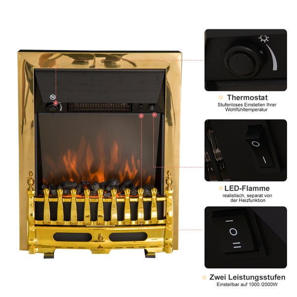 HOMCOM Elektrokamin, Flammeneffekt, 1000/2000W, 48,2 x 18,5 x 59,2 cm, Metall und Kunststoff, Gold