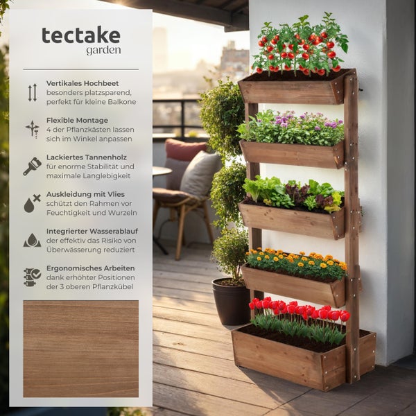 Vertikales Hochbeet aus lackiertem Tannenholz mit fünf Pflanzkästen, Vliesauskleidung und Wasserablauf auf einem Balkon. tectake garden Logo.