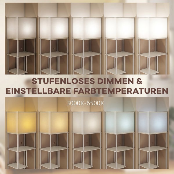 Stehleuchte mit Regalfächern, zeigt stufenloses Dimmen und einstellbare Farbtemperatur von 3000 Kelvin bis 6500 Kelvin.
