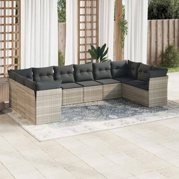 10-tlg. Garten-Sofagarnitur mit Kissen Hellgrau Poly Rattan