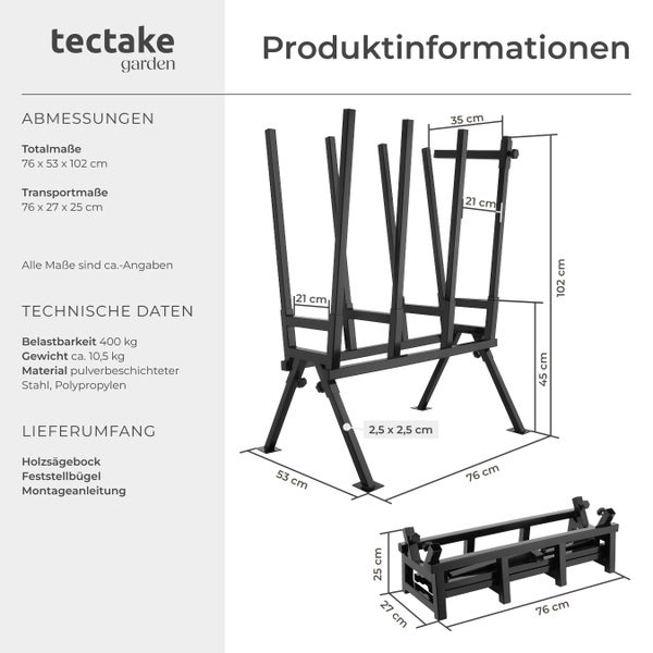 Produktinformationen zu einem Holzsägebock von tectake garden mit Maßangaben