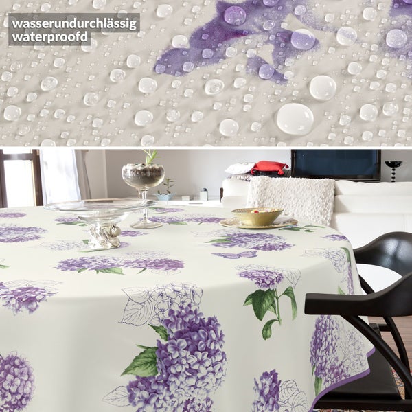 Tischdecke mit Hortensienmuster und wasserabweisender Oberfläche auf Esstisch