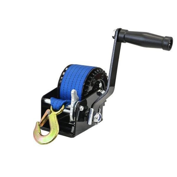 Handseilwinde mit blauem Gurt und Haken