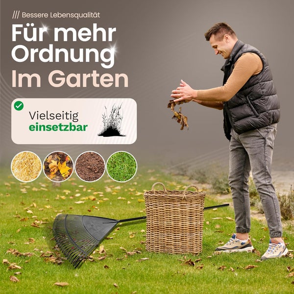Mann im Garten befüllt einen Korb mit Herbstlaub, ein Laubbesen liegt auf dem Rasen. Symbole zeigen Anwendung für Laub, Gras, Stroh und Erde.