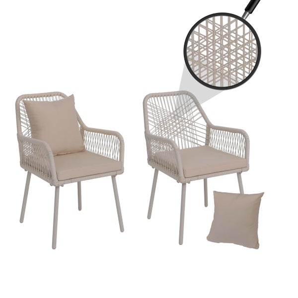 Zwei Gartenstühle mit Sitzkissen und Rückenkissen, Geflechtstruktur und Metallbeinen, inklusive Detailansicht des Geflechts.