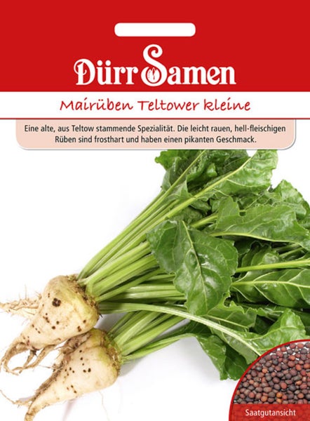 Dürr Samen Logo auf einer Samenpackung für Mairüben Teltower kleine mit einer Abbildung der Rüben und des Saatguts.