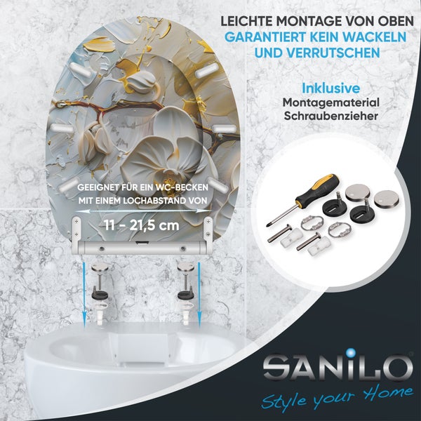 Sanilo WC-Sitz mit Orchideenmotiv, inklusive Montagematerial und Schraubendreher, verstellbarer Scharnierabstand von 11 bis 21,5 Zentimeter.