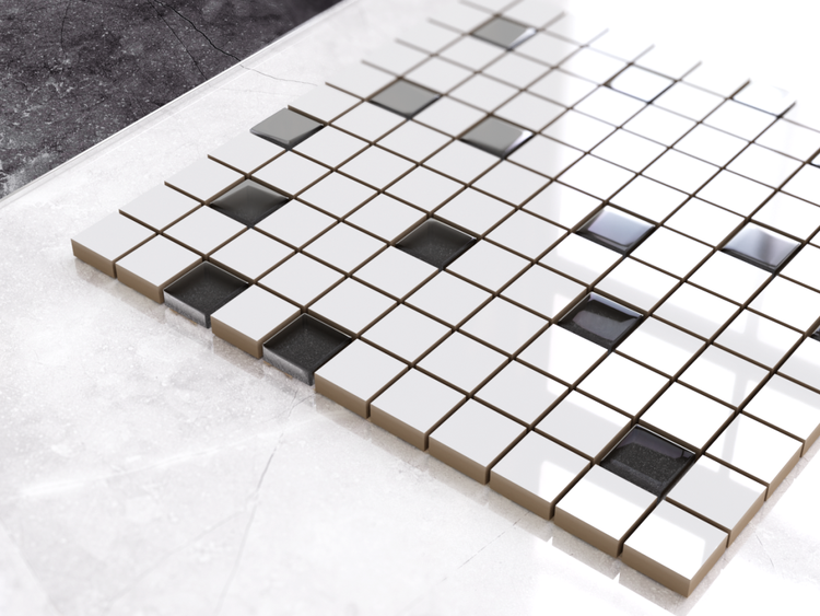 Quadratische Mosaikfliesen, bestehend aus Keramik und Glas