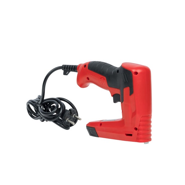Elektro-Tacker in Rot und Schwarz mit Netzkabel und Stecker