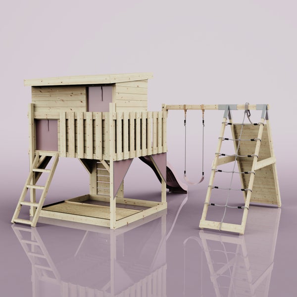 Spielturm aus Holz mit Rutsche, Schaukel, Kletterwand mit Seilnetz, Sandkasten und Leiter.