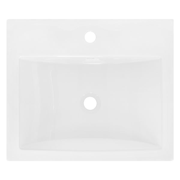 Aufsicht auf ein rechteckiges Waschbecken aus Keramik