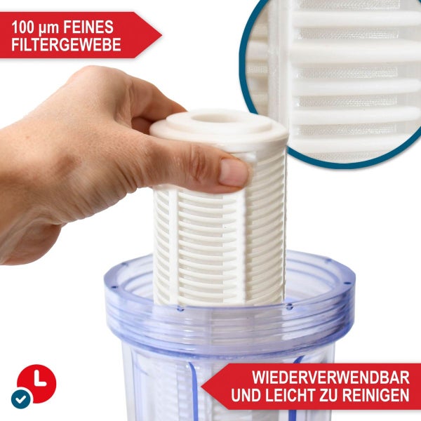 Filtereinsatz mit 100 Mikrometer feinem Filtergewebe wird in ein Gehäuse gesetzt, wiederverwendbar und leicht zu reinigen.
