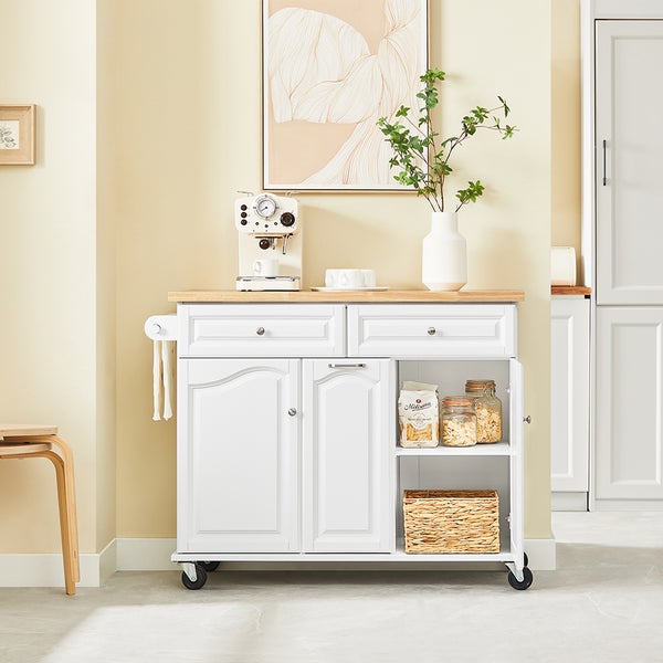 Küchenwagen mit Schubladen, Schränken und Regalen für zusätzlichen Stauraum in der Küche.